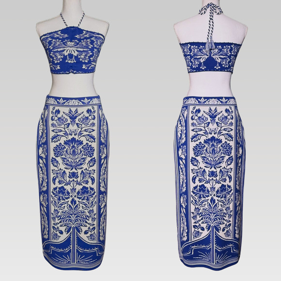 FARM RIO Delicate Tapestry Knit Skirt NWT Women's Size M Off-White Blue Floral - Picture 6 of 7